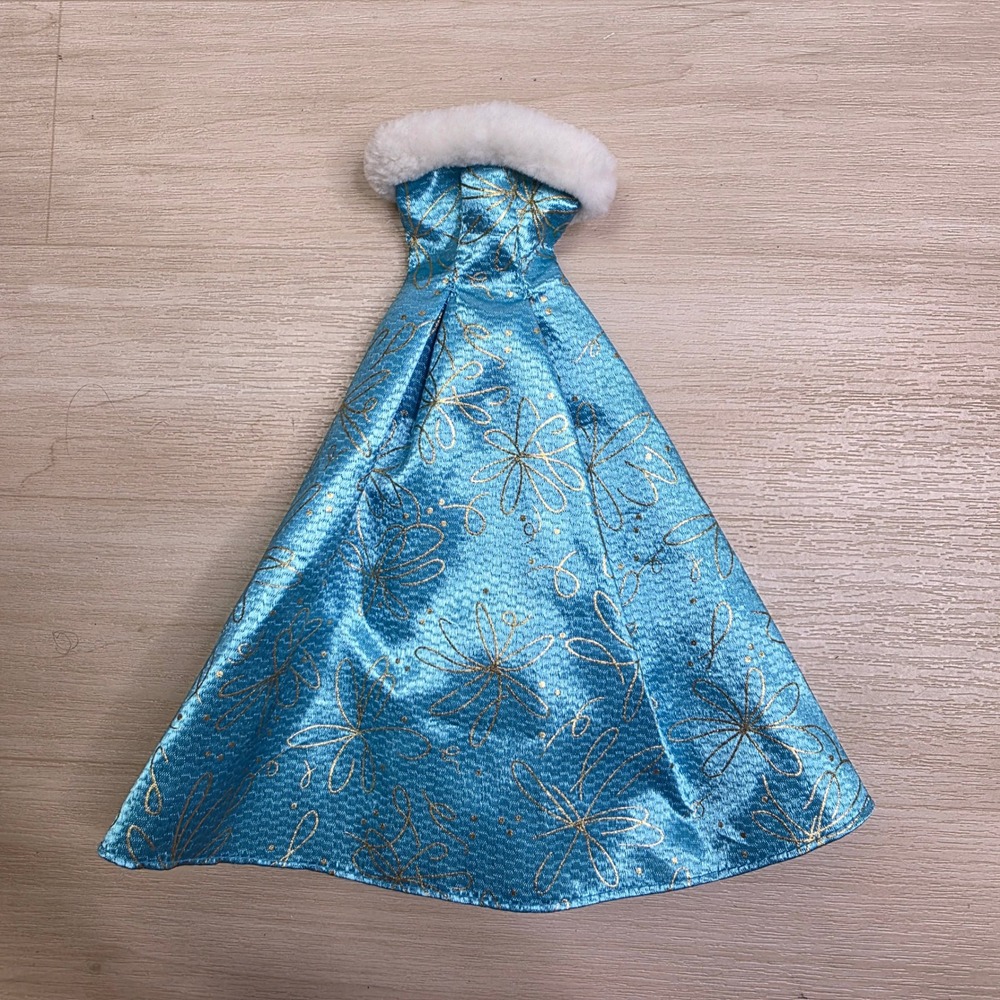 Genuine Barbie Blue Gold Floral Gown White Faux Fur Trim Doll Clothes Accessory